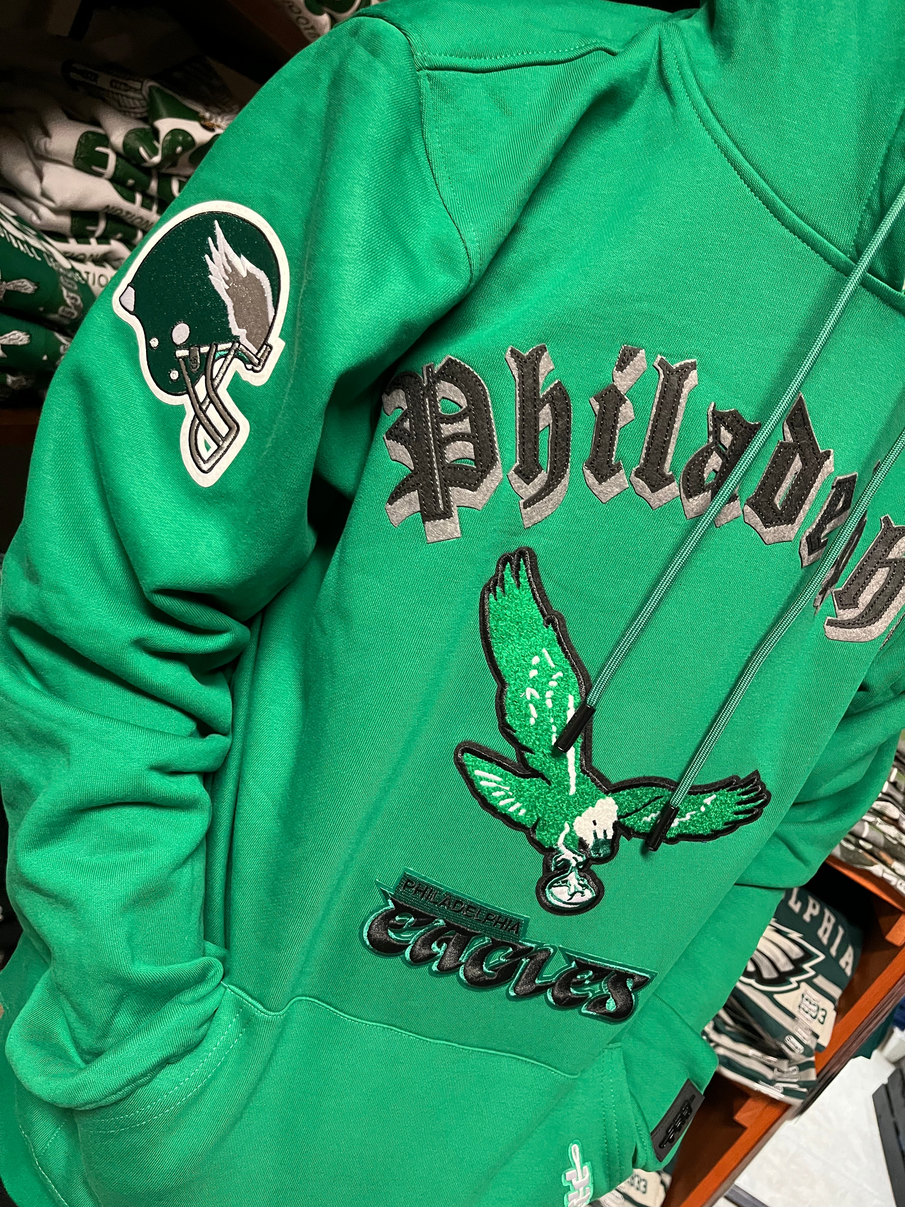 Eagles Throwback Kelly Green Multi Patch Embroidered Hoodie