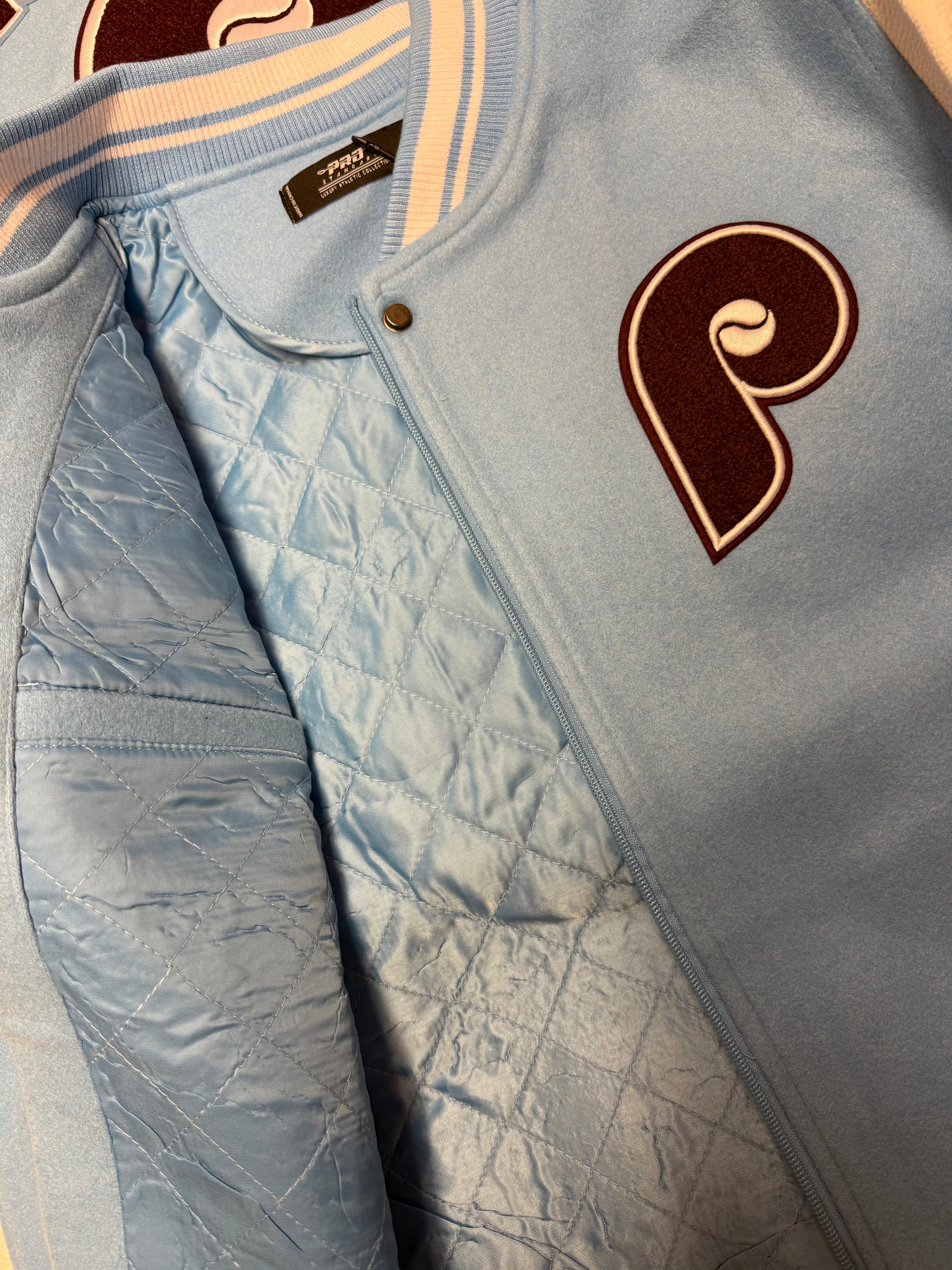 Ladies Phillies Retro Powder Blue Ribbed Wool Varsity Jacket