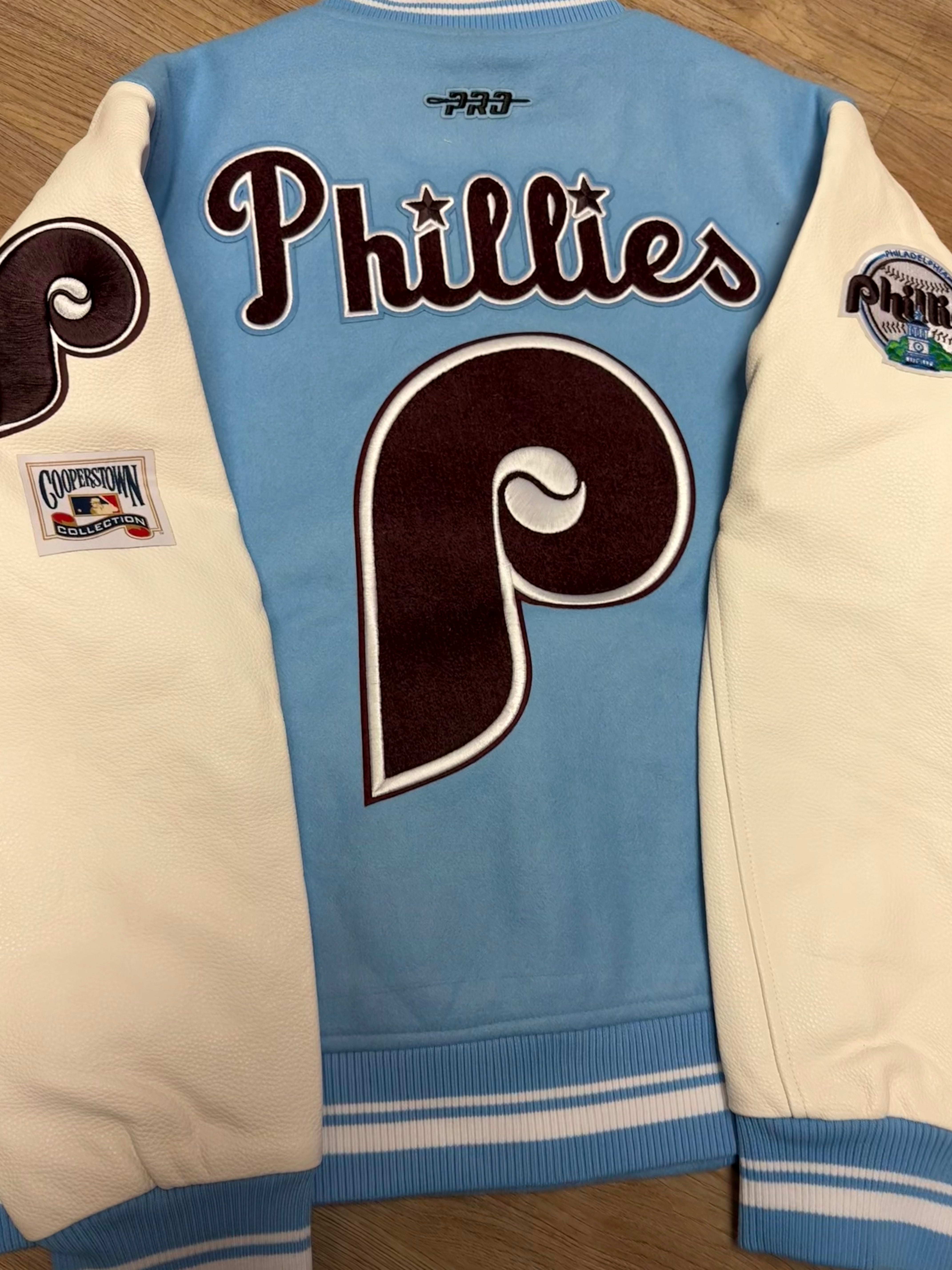 Ladies Phillies Retro Powder Blue Ribbed Wool Varsity Jacket