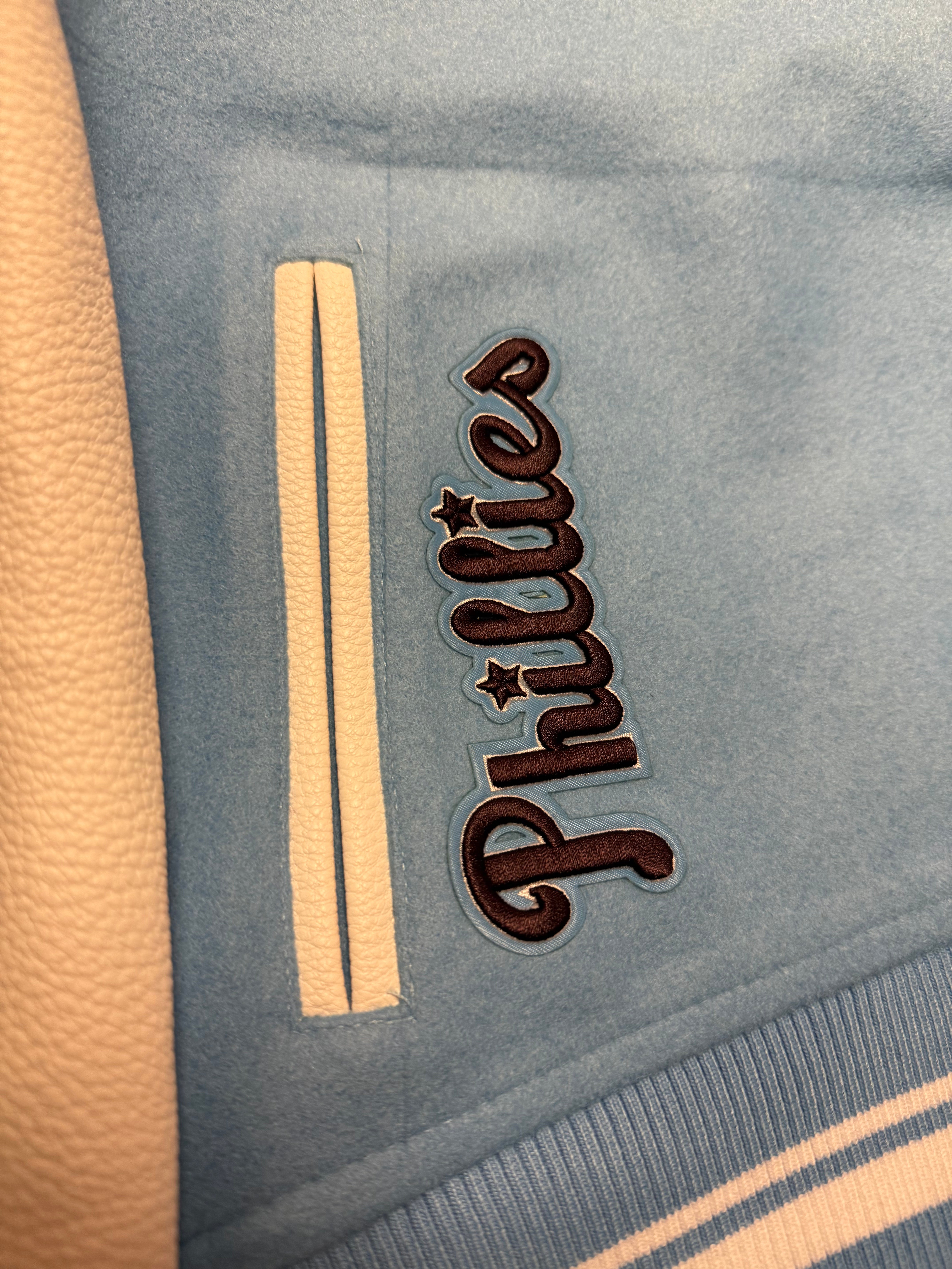 Ladies Phillies Retro Powder Blue Ribbed Wool Varsity Jacket