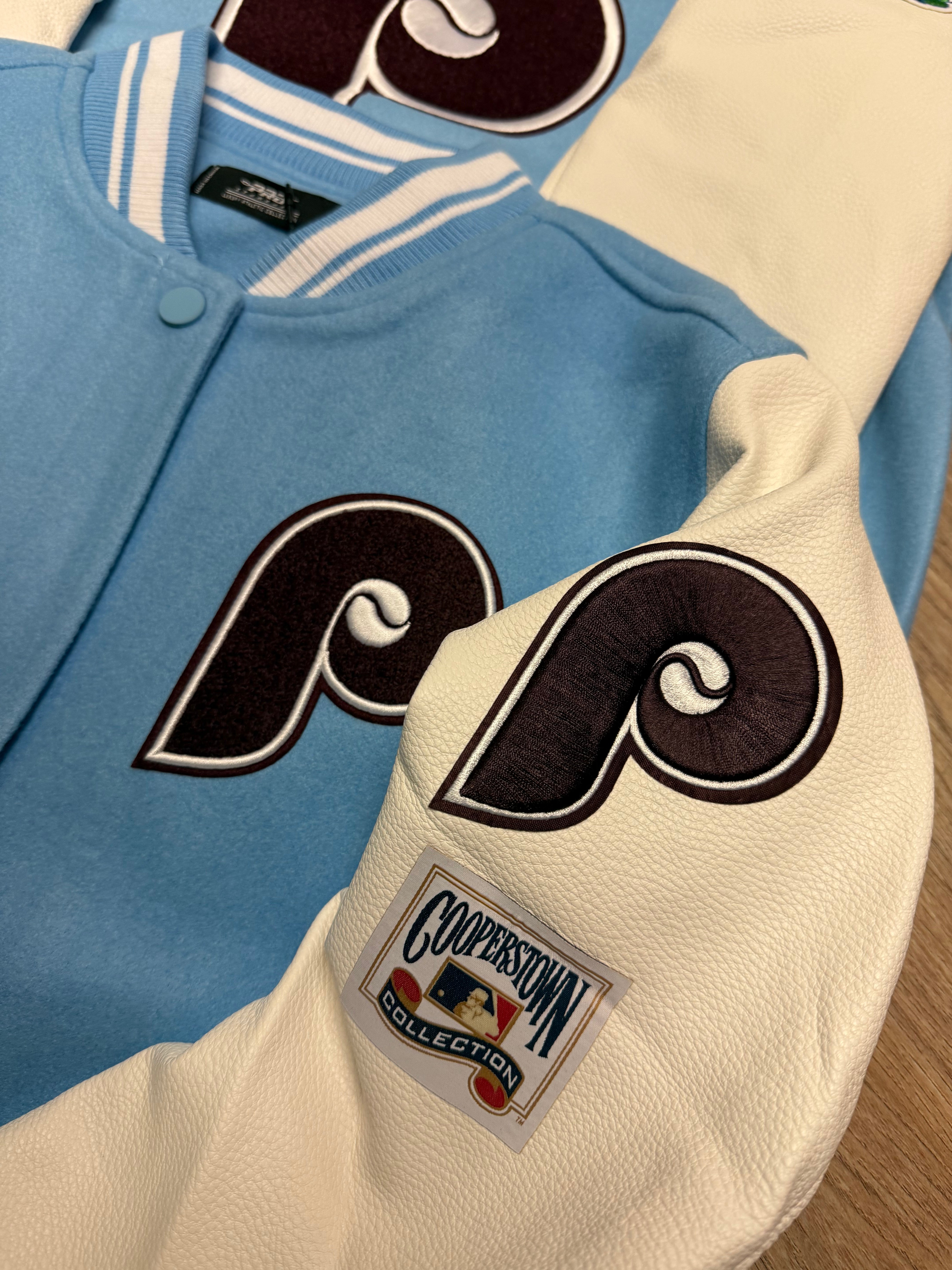 Ladies Phillies Retro Powder Blue Ribbed Wool Varsity Jacket